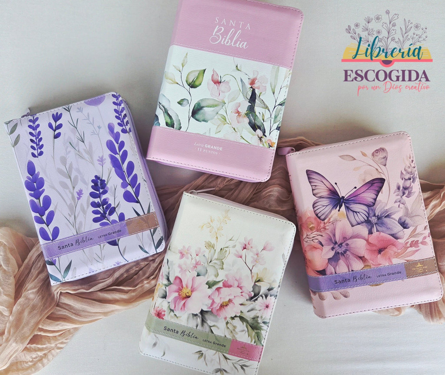 Biblia RVR1960 | Cierre Portátil 12 Puntos Imitación Piel Flores Lila con Índice y canto Floral