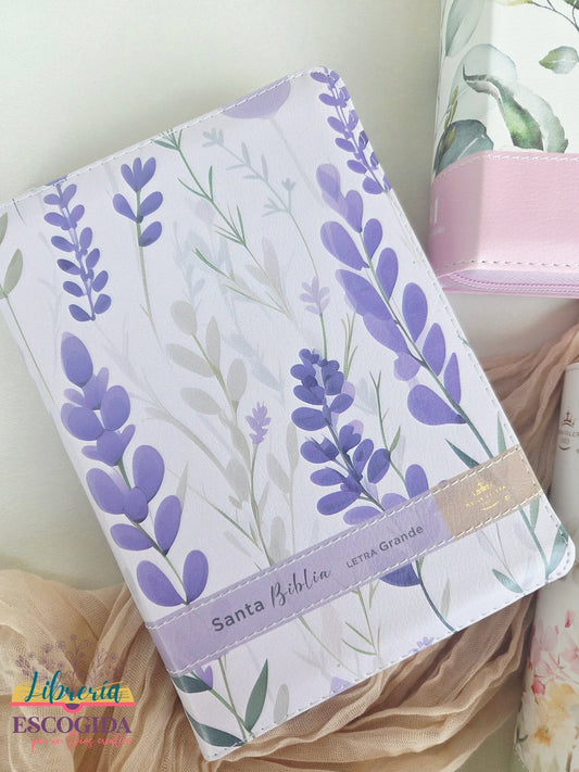 Biblia RVR1960 | Cierre Portátil 12 Puntos Imitación Piel Flores Lila con Índice y canto Floral