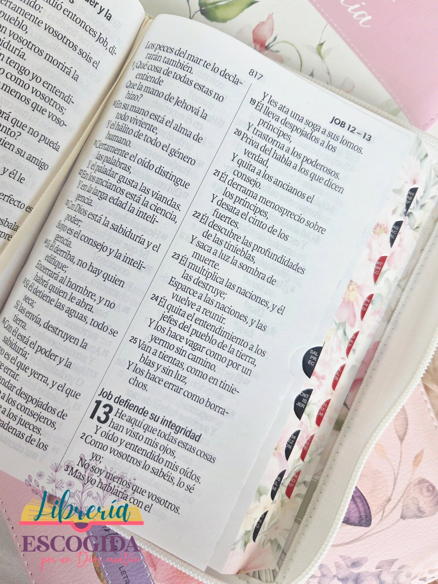 Biblia RVR1960 | Cierre Portátil 12 Puntos Imitación Piel Flores Lila con Índice y canto Floral